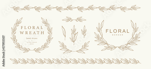 Vintage laurel wreath. Hand drawn floral frames, borders, dividers. Vector elements of plants, branches, leaves for label, branding business identity, wedding invitation, greeting card, diploma.