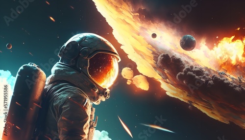 Illustration of an astronaut with a flaming, crashing aircraft in front of them. Generative Ai.