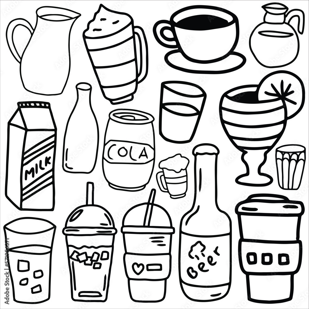 Obraz premium Drink doodle icon set vector illustration, suitable for sticker pack, icon, logo and graphic design elements