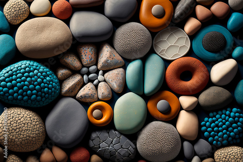 Unique and colorful texture formed by imaginary pebbles creating a dynamic and surprising atmosphere to invite escape. Generative AI
