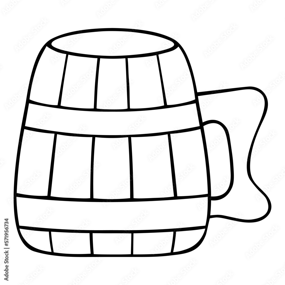 Mug for beer. Sketch. Wooden utensils. Empty drink container. Vector illustration. Outline on isolated background. Doodle style. Coloring book for children. St.Patricks Day. Idea for web design, menu Mug for beer. Sketch. Wooden utensils. Empty drink container. Vector illustration. Outline on isolated background. Doodle style. Coloring book for children. St.Patricks Day. Idea for web design, menu