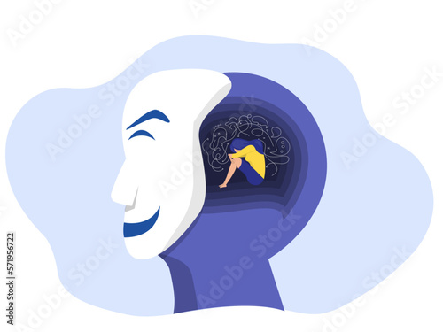 Woman in Depression,girl Sitting on Floor with Tangled Thoughts in Headscribbling over her head. Mental health problems, burnout, depression.Vector Illustration