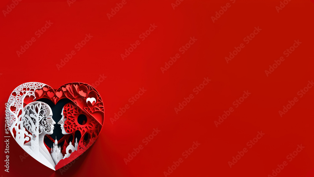 red and white heart with lovers inside with red background card red and white heart with lovers inside with red background card