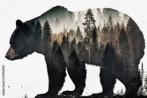 Double exposure of a black bear and forest. Generative AI illustration.