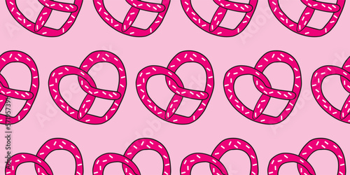 Beautiful pattern Sweet pink heart shaped pretzels. Cute pretzel bread bake. doodle cartoon hand drawn. Valentine's cartoon Beautiful, delicious, and full of heart. hand drawn pretzels cartoon.