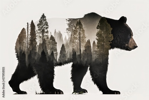 Double exposure of a black bear and forest. Generative AI illustration.