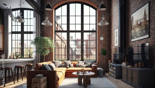 Great design of apartments in a loft style with a brick wall and upholstered furniture and large panoramic windows. generative ai