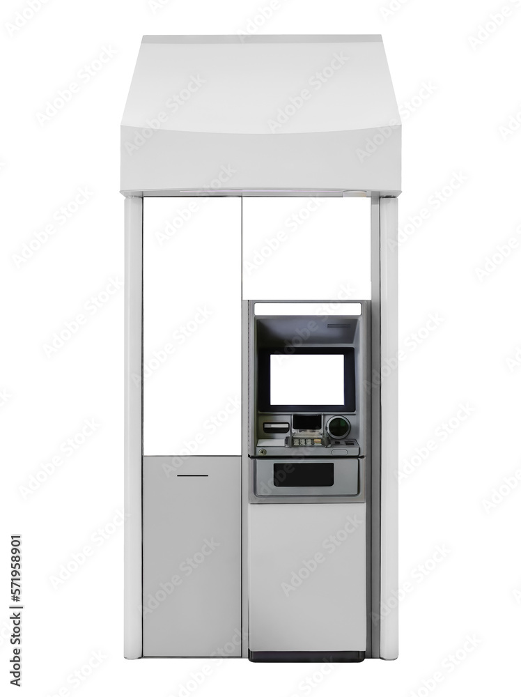 Isolated ATM Automated Teller Machine booth on white background for advertising mockup template. Out-of-home OOH media display space for bank advertisements branding; with clipping paths.