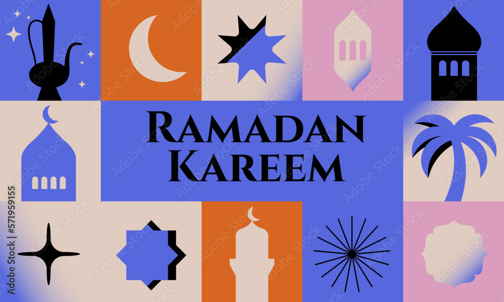 Vector illustration with geometric icons for Ramadan Kareem holidays. Banner with Islamic symbols.
