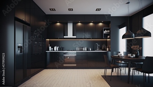 Modern kitchen with black furniture and wooden floor. generative ai