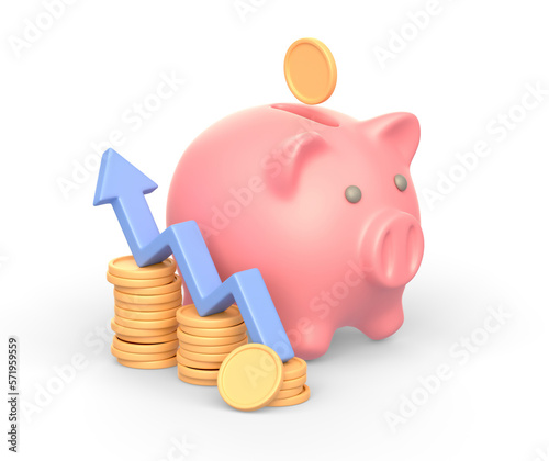 Realistic 3d icon of piggy bank and graph of golden coins