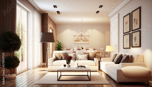 Modern villa living room design interior  beige furniture  bright walls  hardwood flooring  sofa  armchair with lamp. generative ai