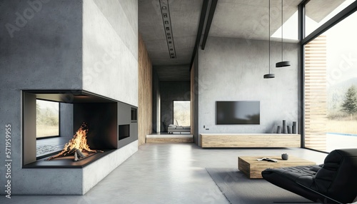 Spacious villa interior with cement wall effect  fireplace and tv. generative ai