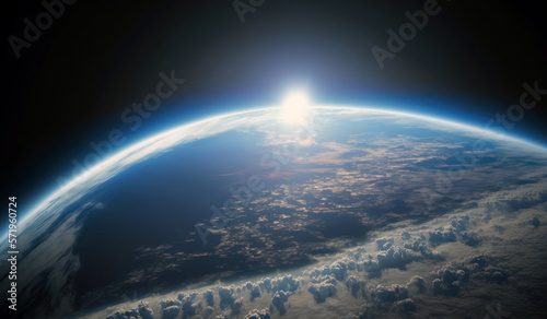 Fototapeta Naklejka Na Ścianę i Meble -  Planet Earth cutvature. Aerial view of blue planet from space. Sunrise over globe land and ocean. Generative AI	