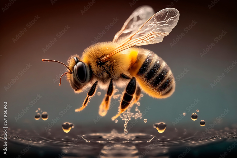 Bee On The Water, Honeybee Macro, Generative AI Bee On The Water, Honeybee Macro, Generative AI