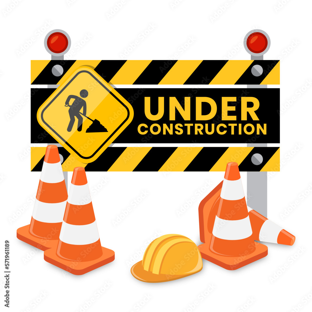 © IQ art_Design - Traffic cones and under construction warning sign. Road safety and prevention of accidents during road construction. © IQ art_Design - Traffic cones and under construction warning sign. Road safety and prevention of accidents during road construction.