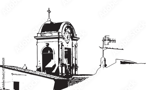 Vettoriale di un campanile di una chiesa in Sicilia, con croce e orologio, che si erge tra i tetti con le tegole 