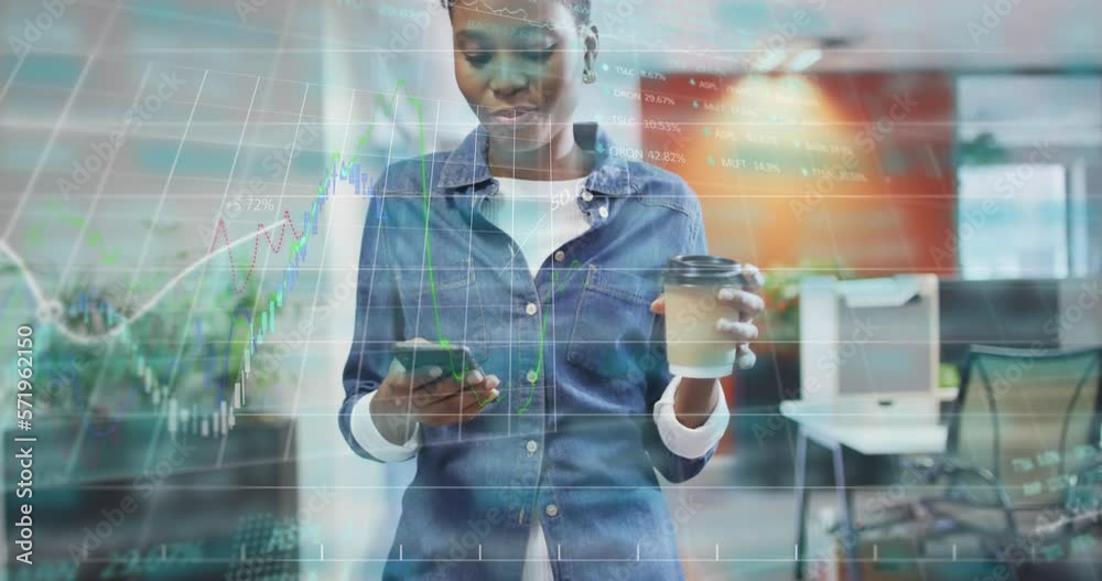 Animation of data processing over african american businesswoman working in office Animation of data processing over african american businesswoman working in office