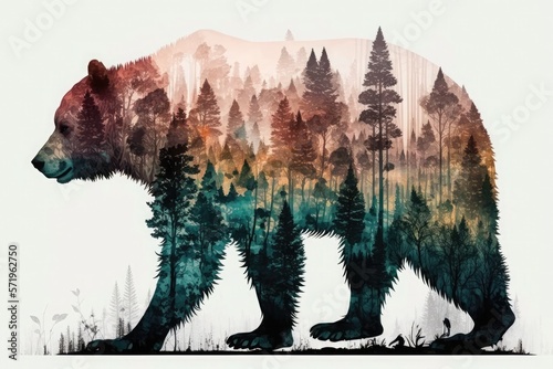 Double exposure bear and pine forest. Generative AI illustration.