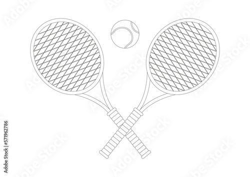 Black and white tennis rackets with tennis ball. Coloring page of tennis rackets