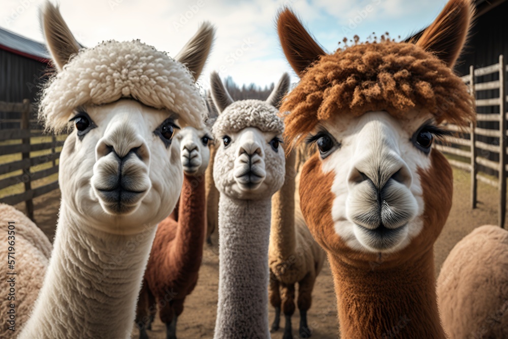Group of curious alpacas looking at the camera