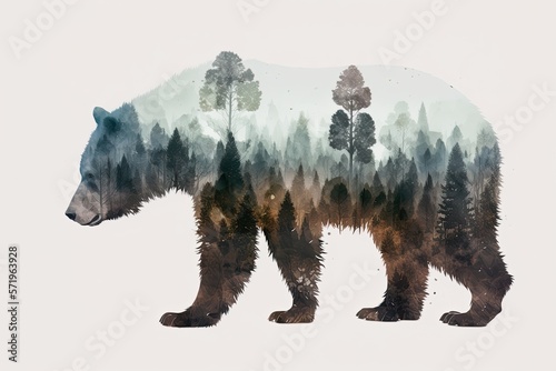 Double exposure bear and pine forest. Generative AI illustration.