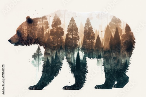 Double exposure bear and pine forest. Generative AI illustration.