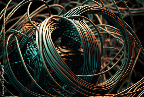 Intertwined, jumbled metal wires and cables create a deconstructed, industrial-style pattern - an ideal backdrop for a gritty, textural image. Generative AI
