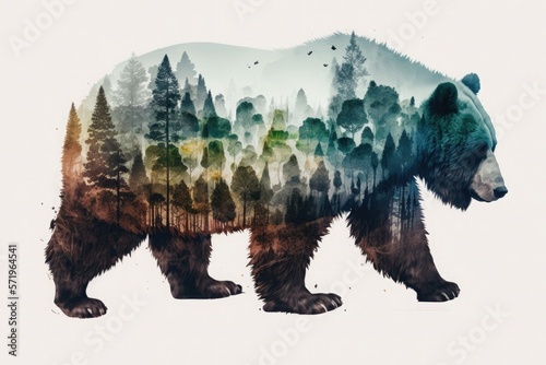 Double exposure bear and pine forest. Generative AI illustration.