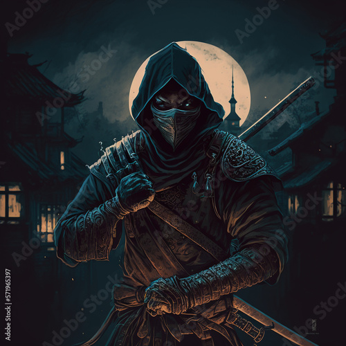 ninja in a mask on the background of the moon and the night village