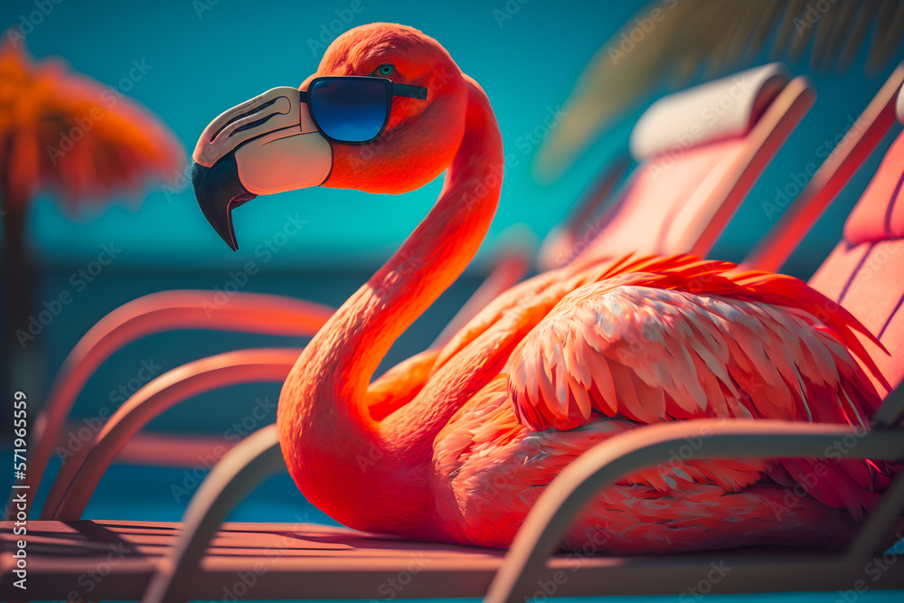 Obraz premium Bright flamingo bird in sunglasses rests on the beach by the pool under palm trees with a glass. Beautiful exotic tropical summer elegant holiday vacation concept. Generative AI