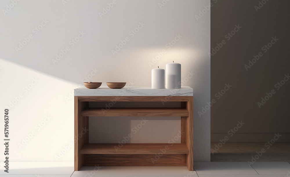 Mockup para bodegón de producto. Aparador mesa madera y mármol. Interior minimal estilo nórdico escandinavo, maderas y blancos, bodegón. Generado con IA. 