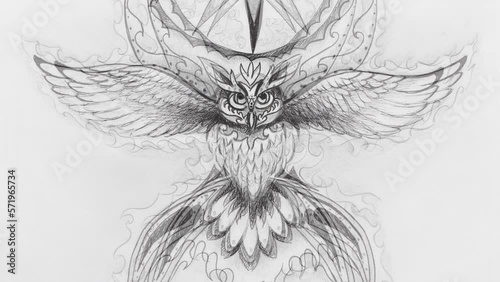 ornamental drawing of sacred owl spirit. Loop Animation