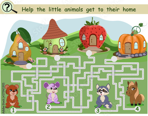 Logic game for children with animals and fairytale houses maze. Vector illustration.