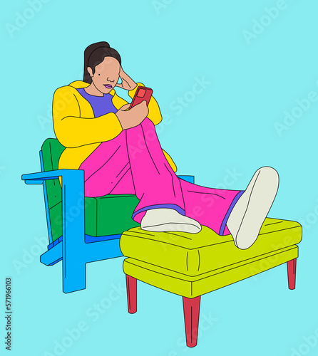 Worried girl texting on a chair with her legs up on a blue background photo