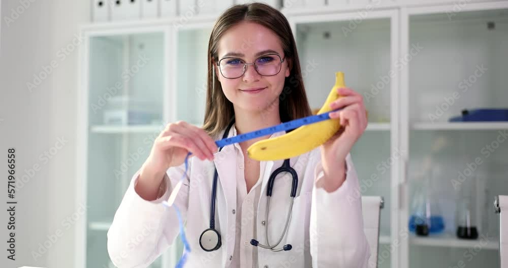 Doctor urologist holds banana and measuring tape in hands Doctor urologist holds banana and measuring tape in hands