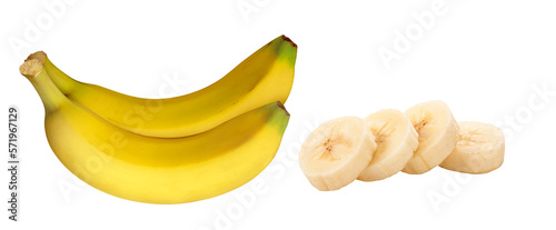 banana inteira e rodelas de bananas em fundo transparente - banana nanica