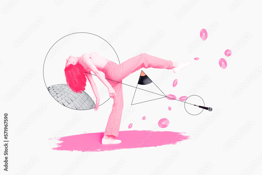 Composite collage image of carefree pink color girl enjoy dancing piece vinyl record disco ball microphone isolated on painted background