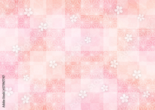 Fotografiet 格子と麻の葉模様の和紙の背景_桜の花あり