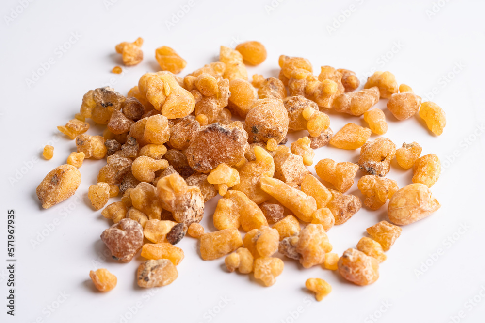 Frankincense or olibanum aromatic resin isolated on white background used in incense and perfumes. Frankincense or olibanum aromatic resin isolated on white background used in incense and perfumes.