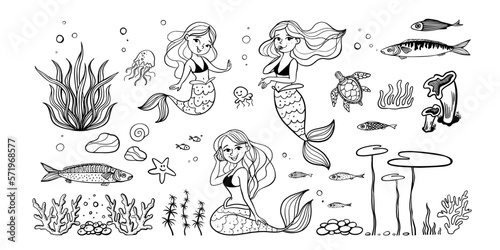 Cute cartoon mermaids set and sea animals. Big sea set. Marine themes. Black and white coloring page. Vector illustration.