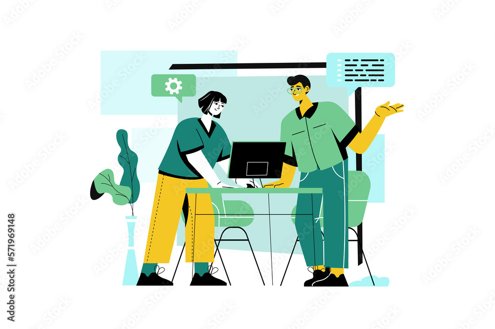 Programming green concept with people scene in the flat cartoon style. Programmer thinks about creating a new application with difficult programming code.