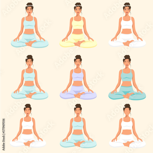 Female cartoon character sitting in lotus posture and meditating. Girls with crossed legs. Colorful flat vector illustration.  (ID: 571969506)