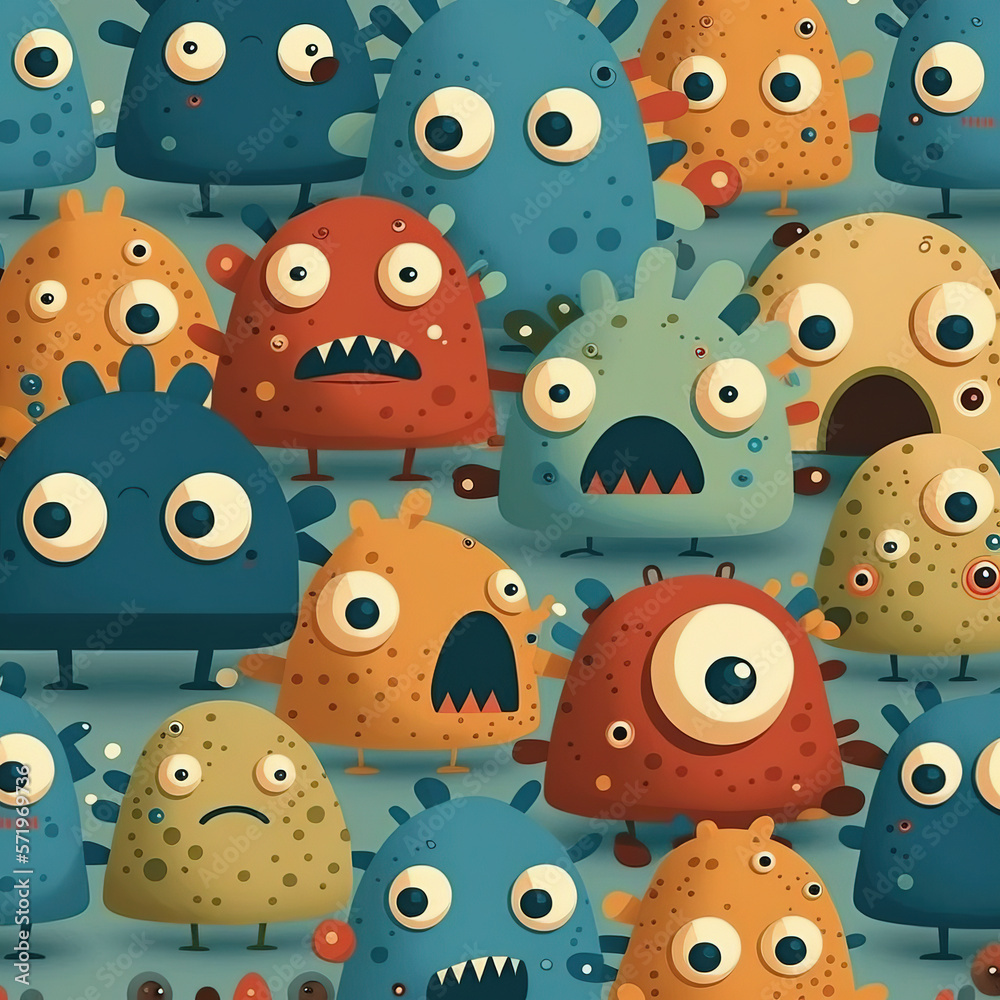 Monsters, pattern of funny cartoons on colored backgrounds ...