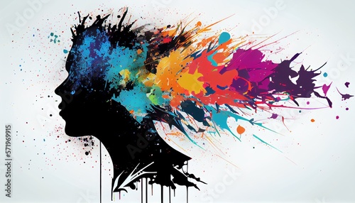 Head silhouette with colorful splashes. Creative thinking concept Innovative idea and designer mind or brainstorm ideas with smart design. Open mind brain illustration.