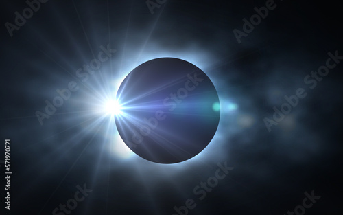 Blue Solar Eclipse Sun Light Glowing in Universe. Total Eclipse Lunar With Sun Shine Energy