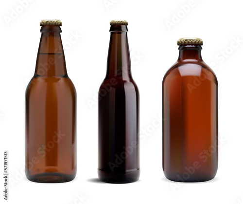 Brown glass beer bottle. Light and dark cold drink package. Cool and delicious refreshing product, amber color package template. Liquid alcohol beer or water brand, isolated on white background