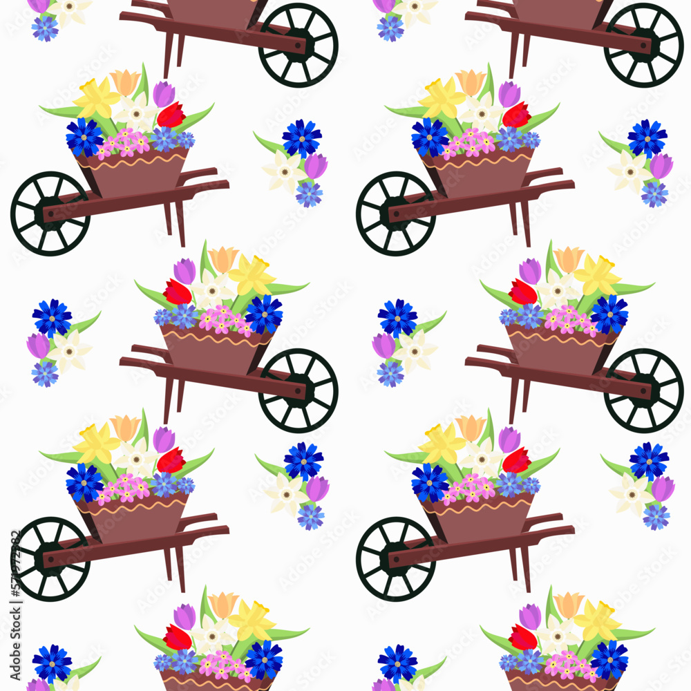 Vector - wheelbarrow with flowers seamless pattern.