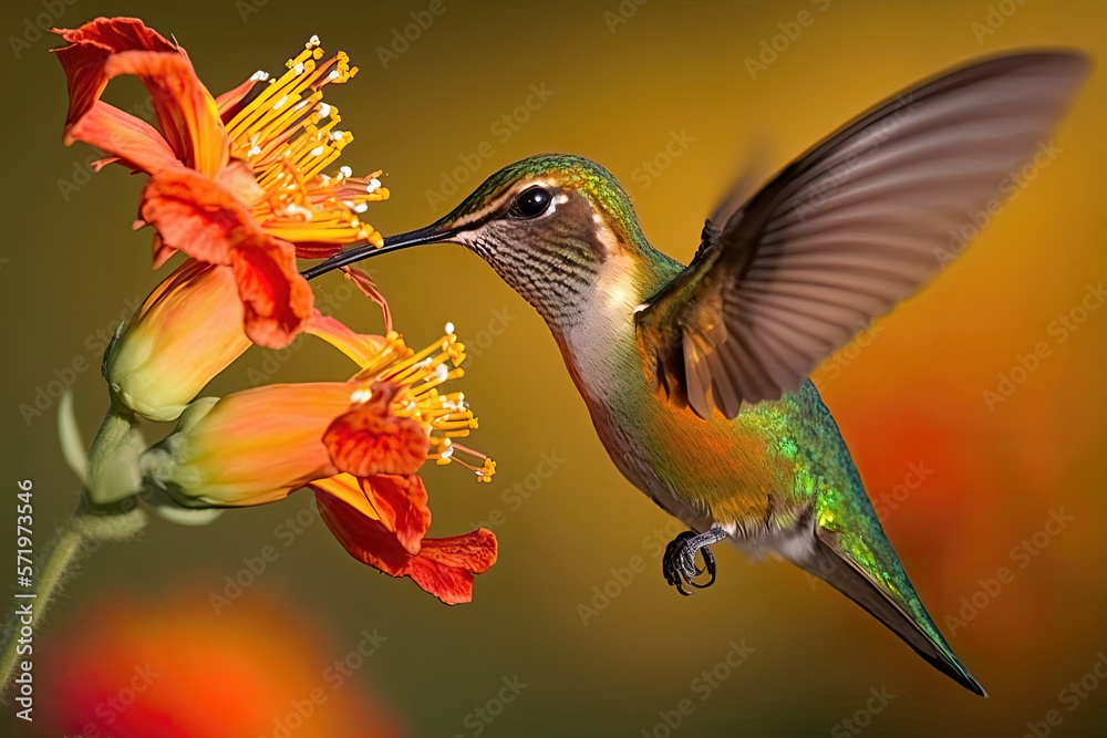 Fototapeta premium hummingbird feeding on flower. Generative AI