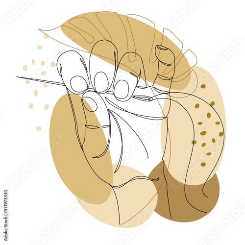 Human hands holding a needle and thread for sewing, in a modern one-line style, and the leaves of a plant. Continuous line drawing, contour for decor, posters, stickers, logo. Vector illustration.
